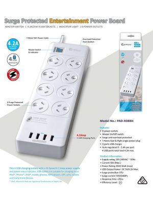 Sansai 8 Outlets & 4 USB Outlets Surge Protected Power board - PAD-4088H