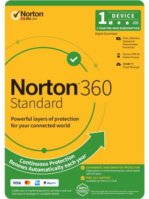 Norton 360 Standard, 10GB, 1 User, 1 Device, 12 Months, PC, MAC, Android, iOS, DVD, VPN, Parental Controls, Retail Edition, Subscription, Credit/Debit card required for activation.