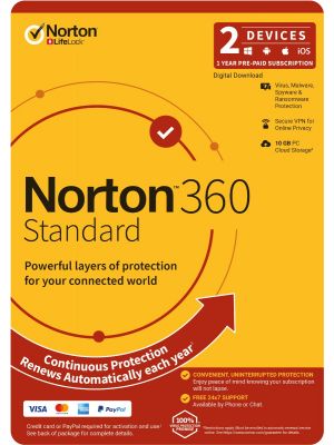 Norton 360 Standard, 10GB, 1 User, 2 Devices, 12 Months, PC, MAC, Android, iOS, DVD, Subscription Credit/Debit card required for activation - 21396611