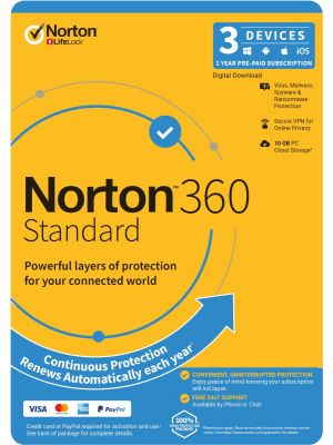Norton 360 Standard, 10GB, 1 User, 3 Devices, 12 Months, PC, MAC, Android, iOS, DVD, Subscription Credit/Debit card required for activation - 21396503