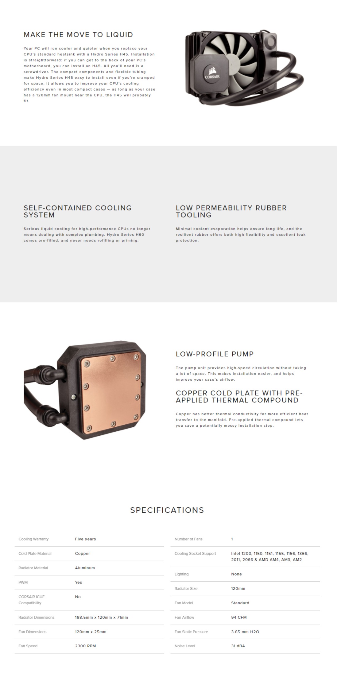 Corsair Hydro Series H45 120mm Liquid CPU Cooler CW9060028WW